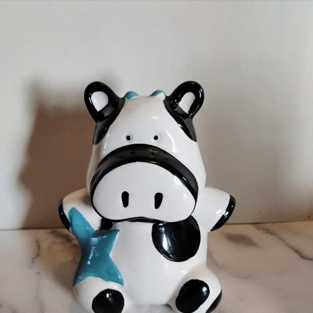 Ceramic Cow Piggy Bank with Teal Star Accent